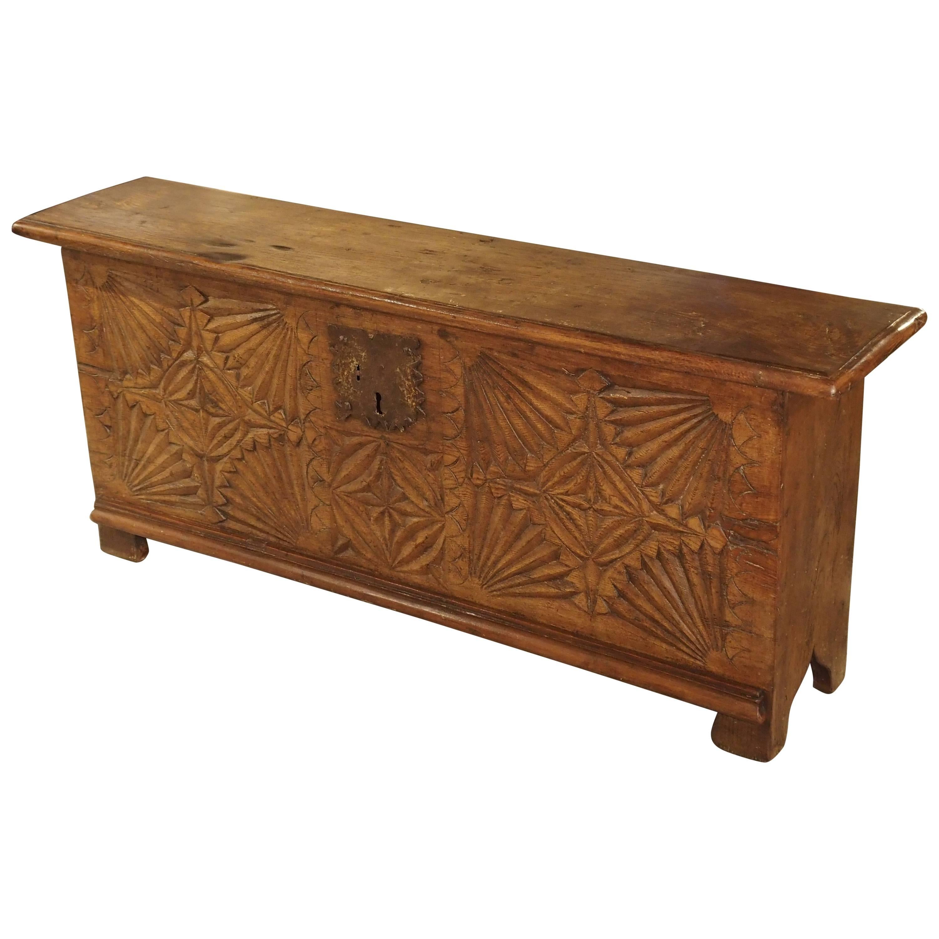 Oak Trunk from France with Detailed Hand-Carved Front Panel