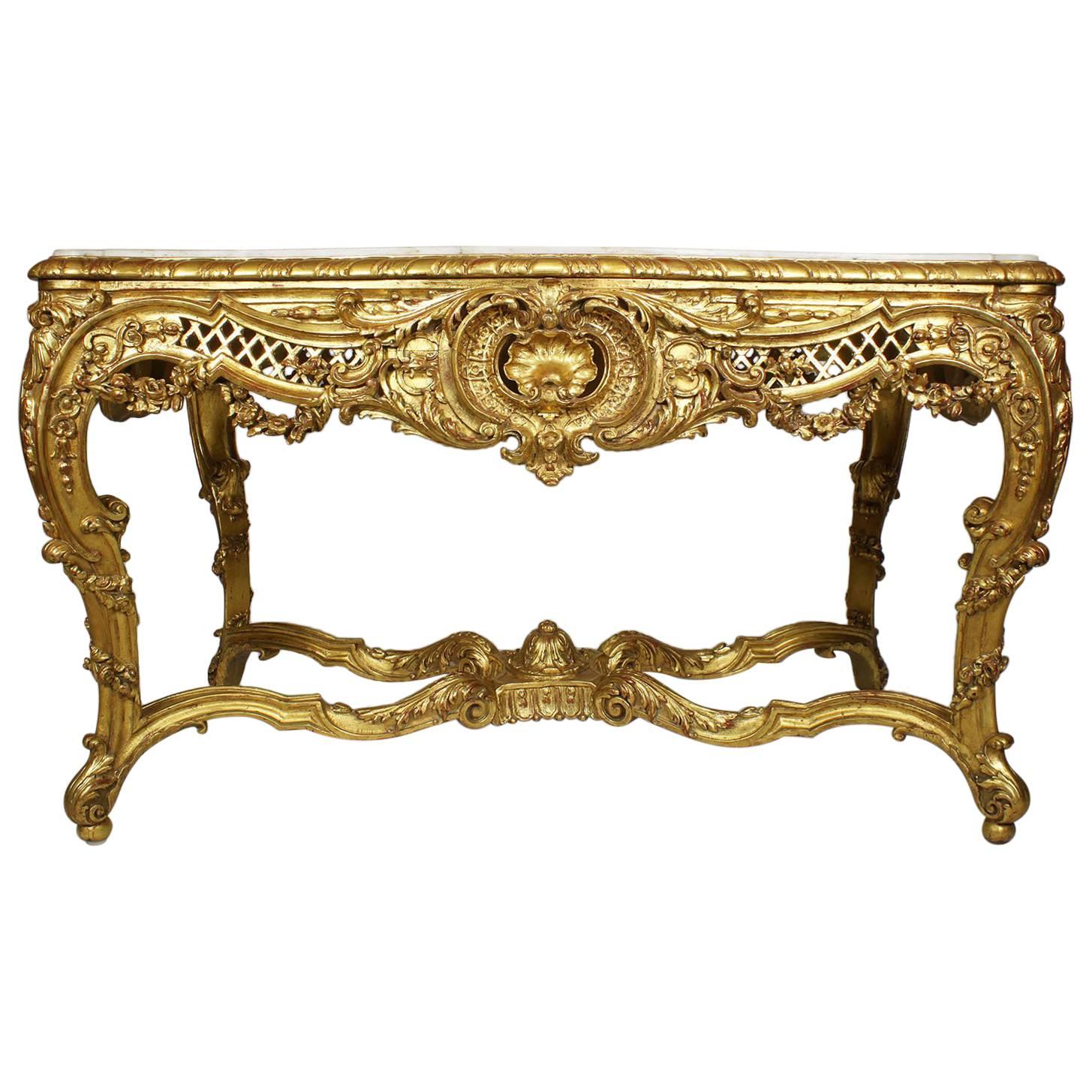 Table de hall centrale en bois doré sculpté de style rococo, Belle Époque, 19e-20e siècle