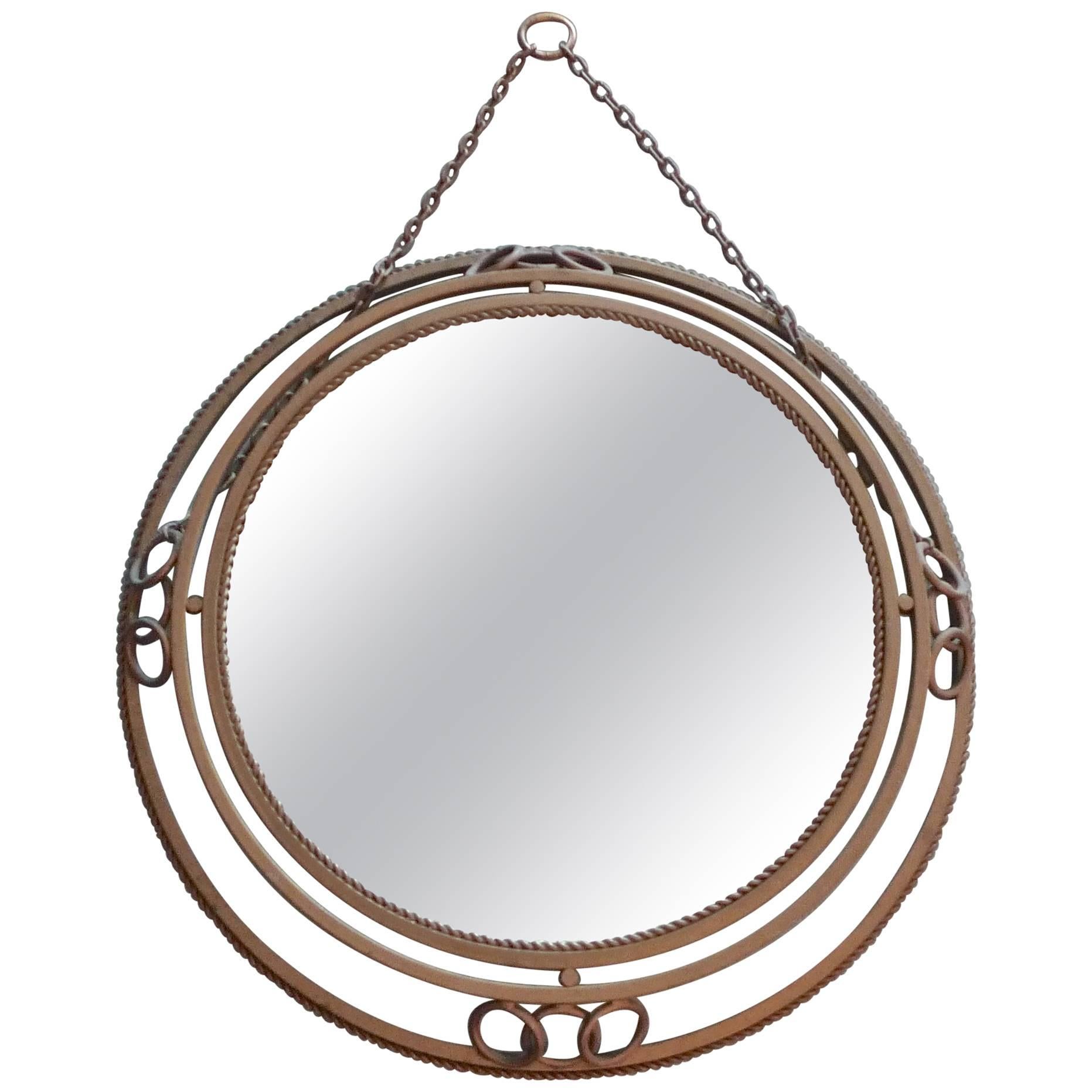 French 1950s Painted Round Metal Frame and Mirror with Hanging Chain