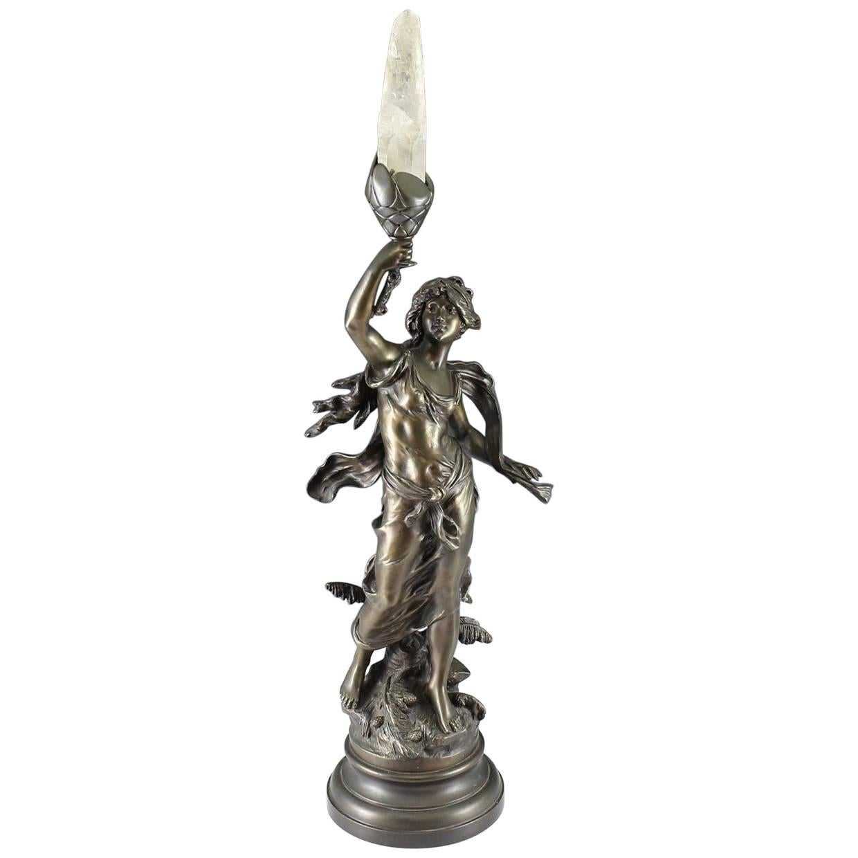 L & F Moreau Patinated Bronze Figural Lamp with Rock Crystal Flame, 19th Century For Sale