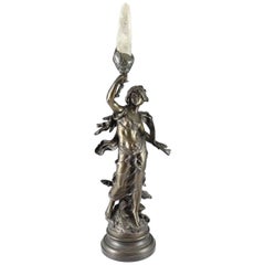 Antique L & F Moreau Patinated Bronze Figural Lamp with Rock Crystal Flame, 19th Century