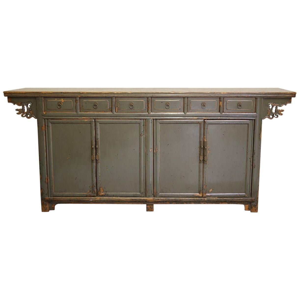 Chinese Sideboard, Painted Green Lacquer, Mahogany Drawers, 19th Century For Sale