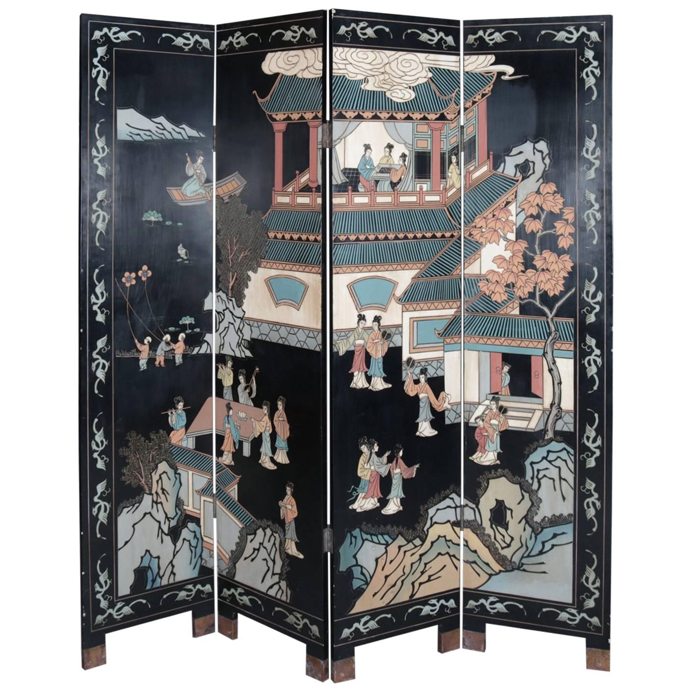 Vintage Chinese Carved, Lacquered & Hand Painted 4-Panel Dressing Screen, 20th C