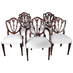 Seven Hepplewhite Style Shield Back Carved Mahogany Wheat Form Dining Chairs