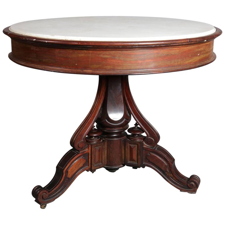 Antique Carved Rosewood MarbleTop Round and Scroll Form Centre Table