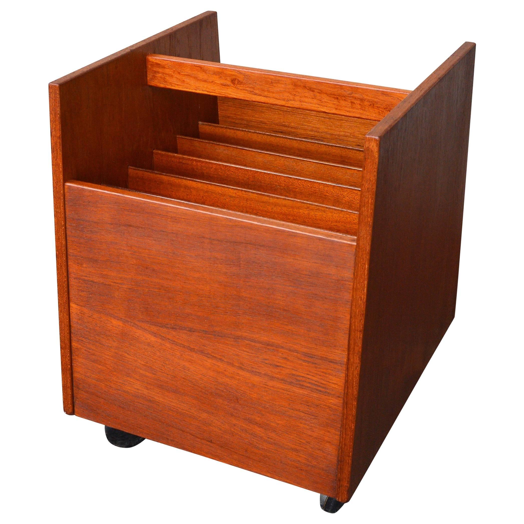 Bruksbo Teak LP, Vinyl or Magazine Cart with Trapezoidal Sides, Handle & Casters