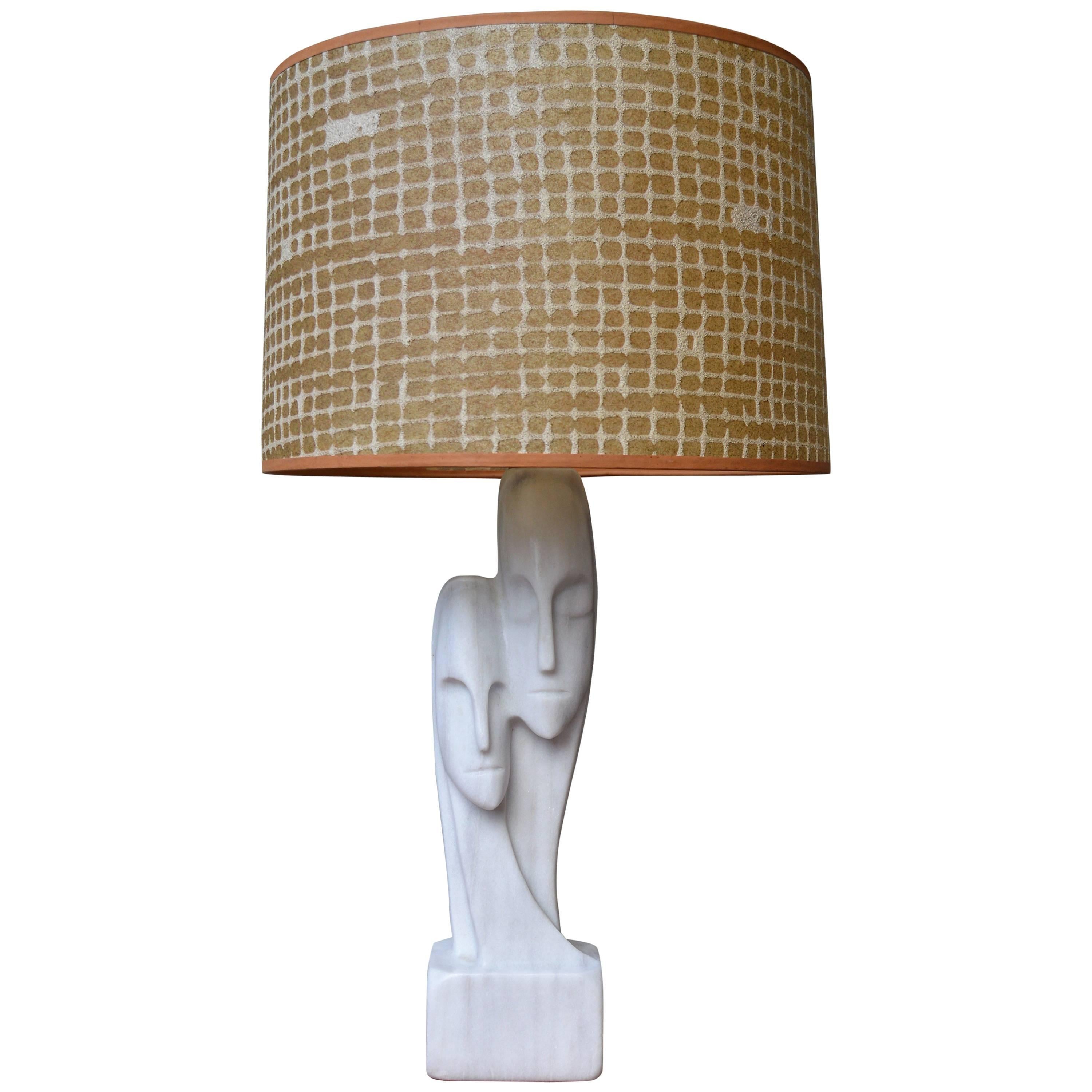 Mid-Century Italian Marble Two Figure Lamp with Fibreglass Shade For Sale
