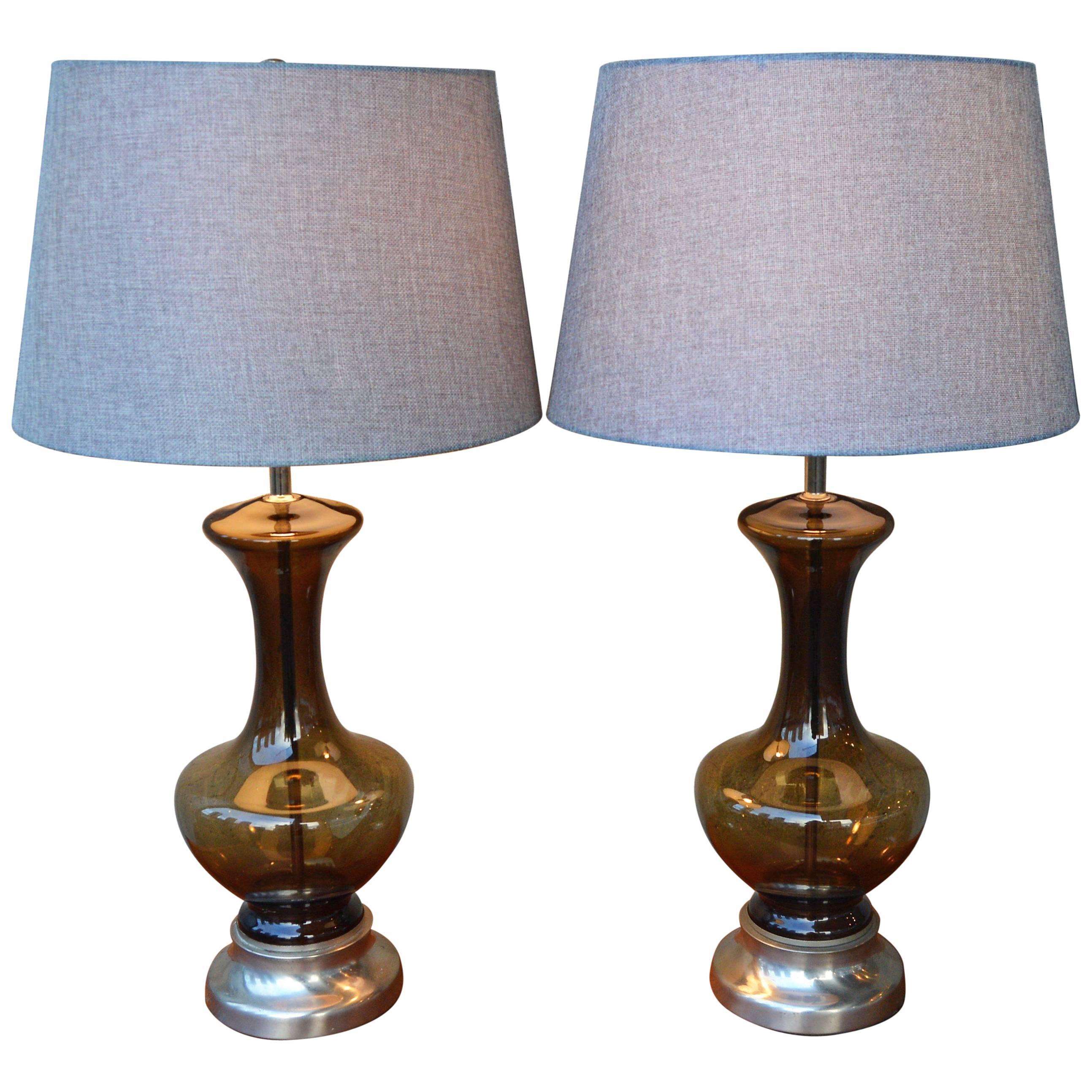 Pair of Mid-Century Scandinavian Smoked Glass Lamps with Modern Shades