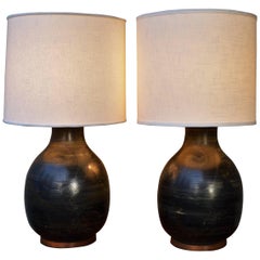Monumental Pair of Mid-Century Ceramic Lamps in Black with Gold 
Green