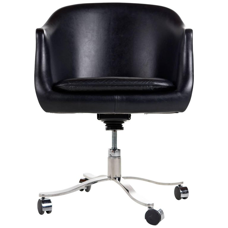 Vintage Nicos Zographos Black Leather and Chrome Base Bucket Chair on