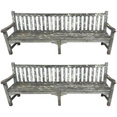 Vintage Pair of Very Long Heavily Lichened English Teak Garden Benches