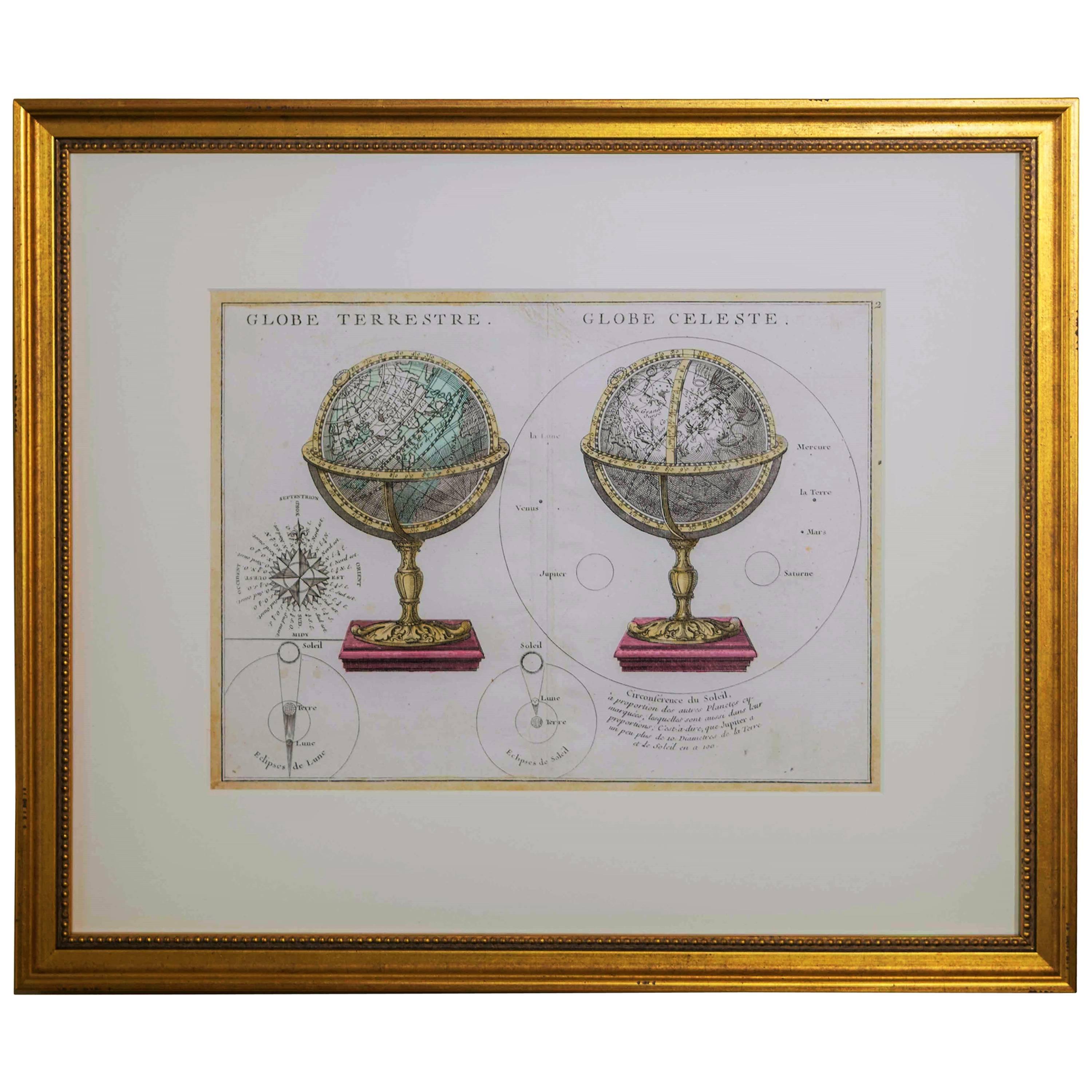 Antique Engraving of Terrestrial and Celestial Globes Framed For Sale