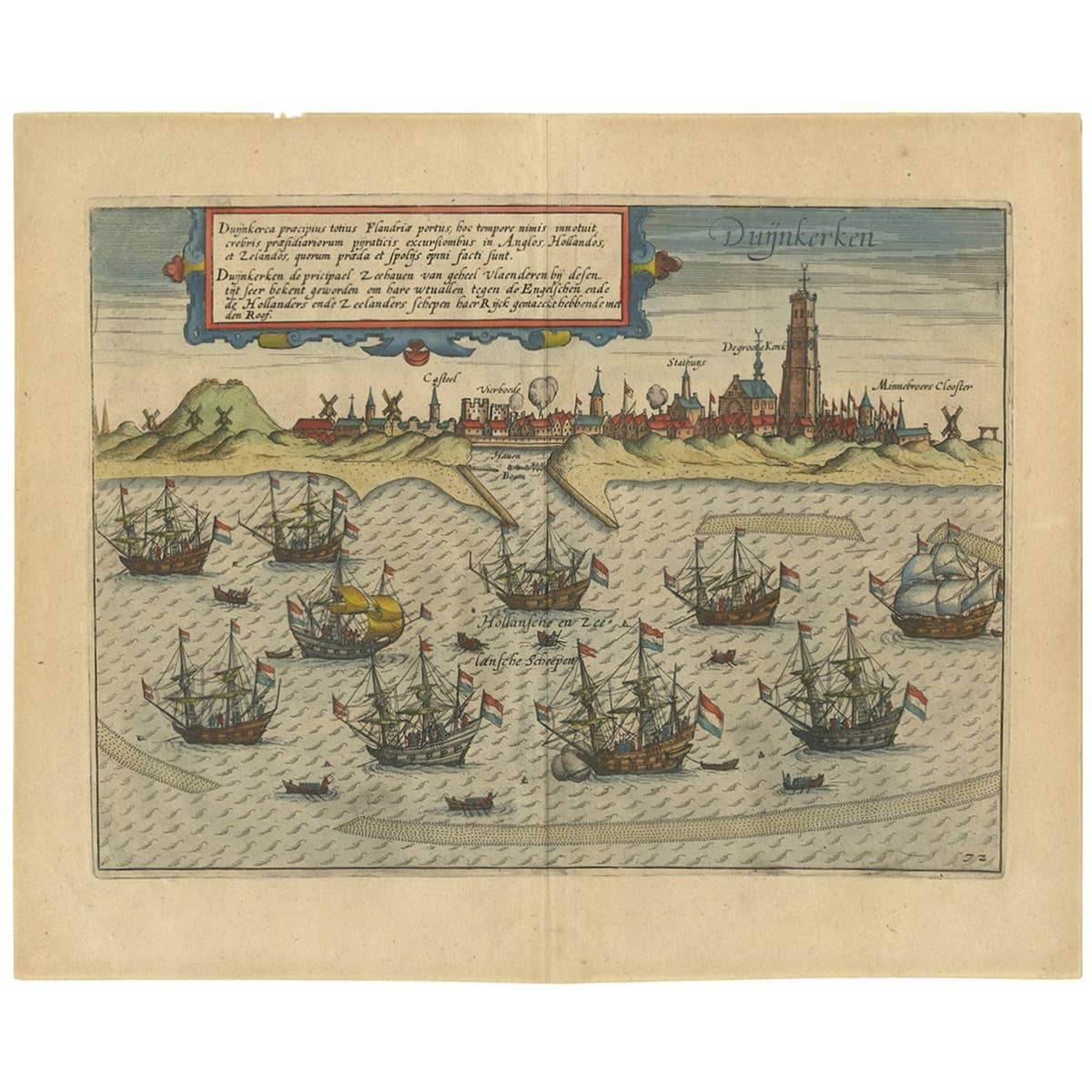 Antique Print of the Town of Duinkerken ‘France’ by L. Guicciardini, 1613