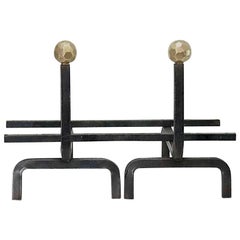 Pair of Modernist Wrought Iron and Brass Fire Andirons