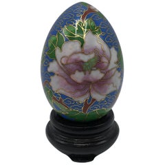 Vintage 1970s Cloisonné Blue Floral Motif Egg Sculpture on Stand