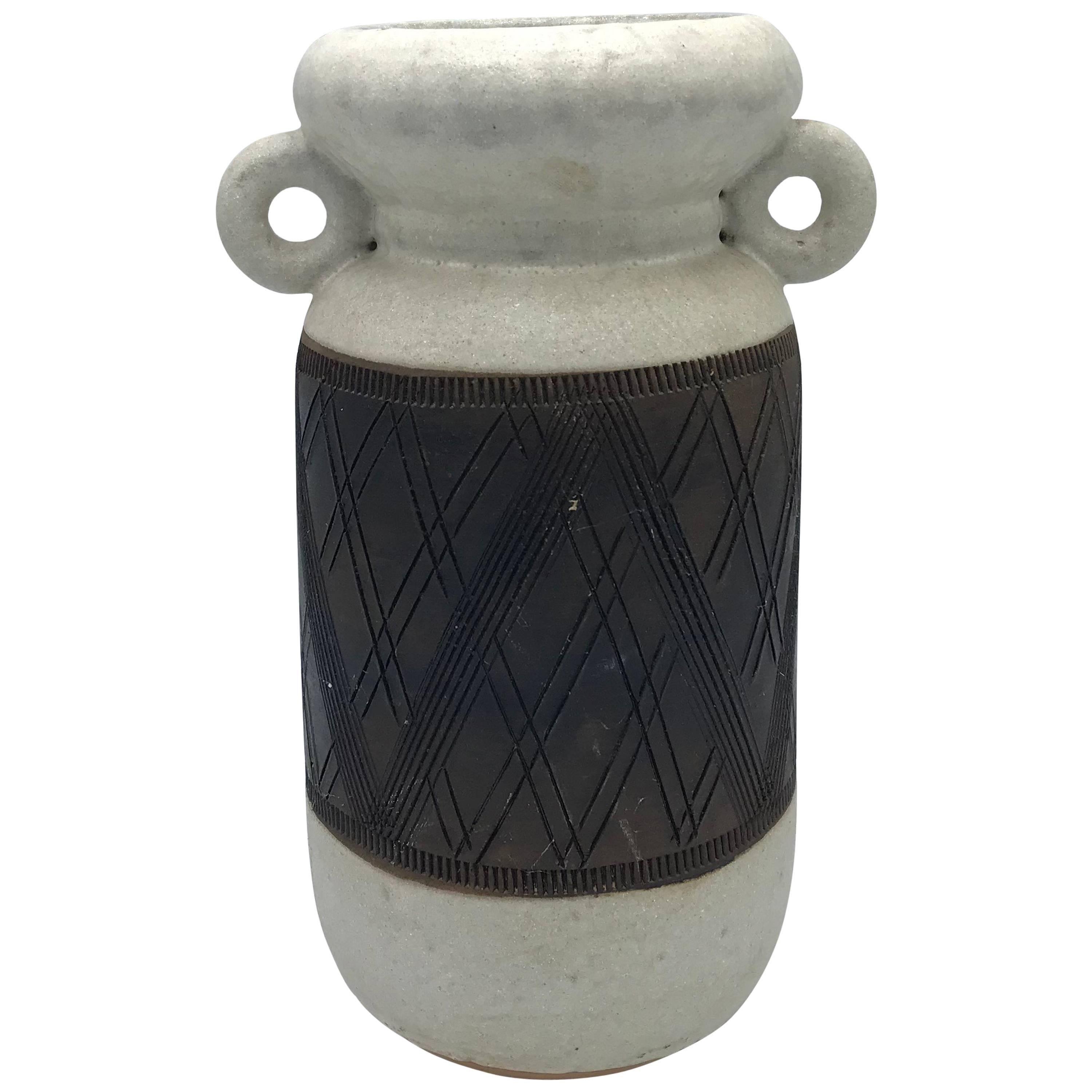 1960s Italian Bitossi Pottery Handled Vase with Geometric Plaid Motif