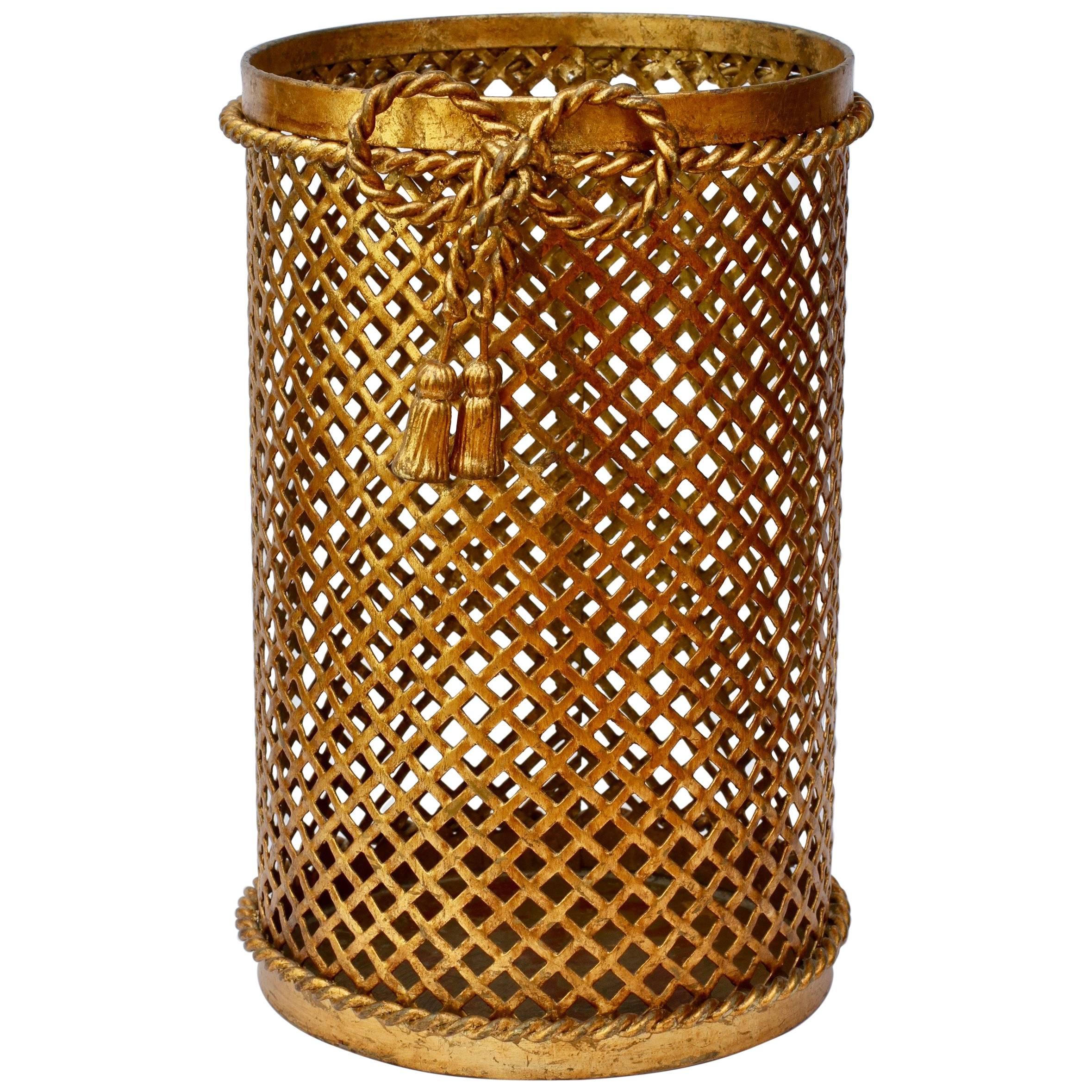 Mid-Century 1950s Hollywood Regency Italian Gold Gilded Waste Paper Basket