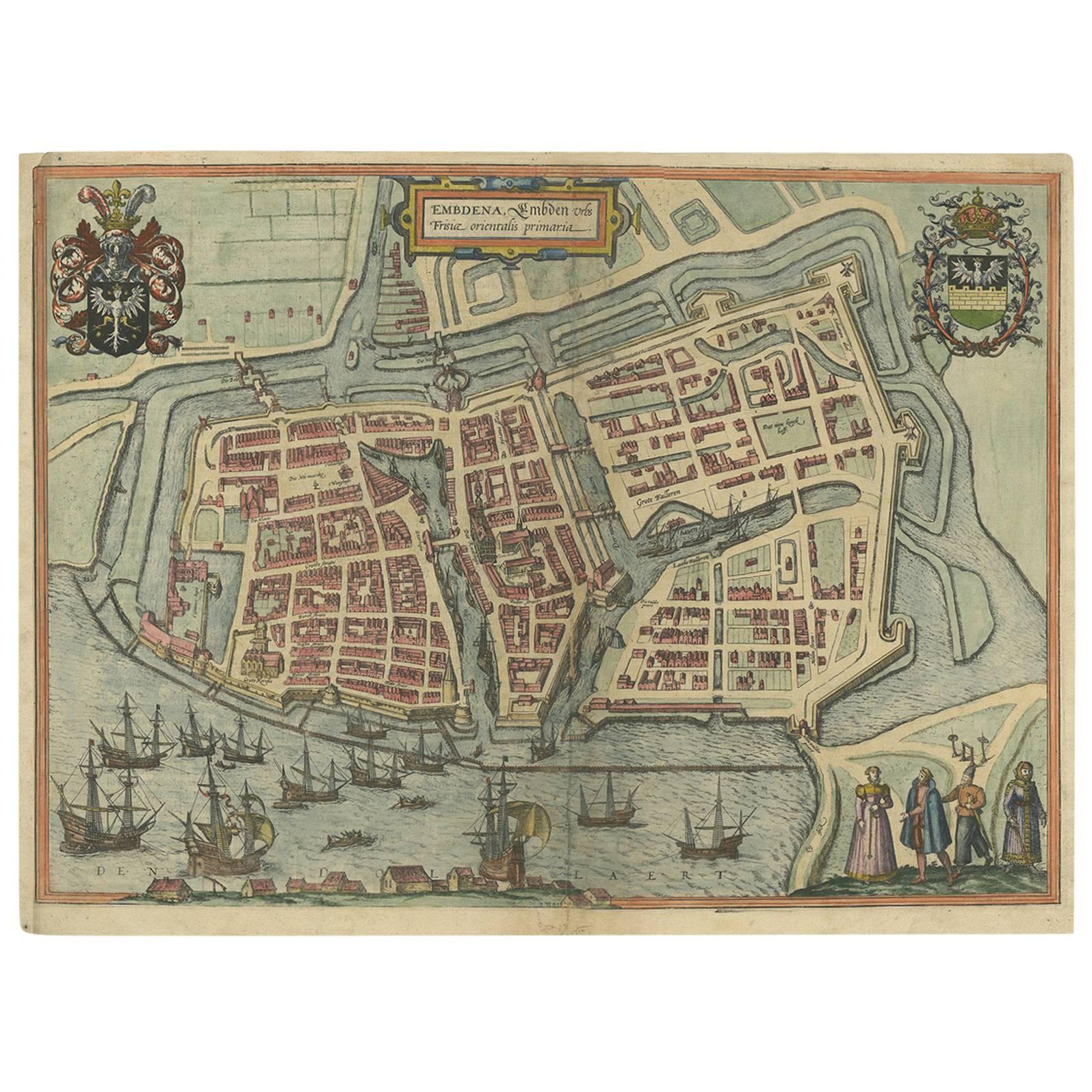 Plan ancien de la ville d'Emden (Allemagne) par Braun & Hogenberg, 1597