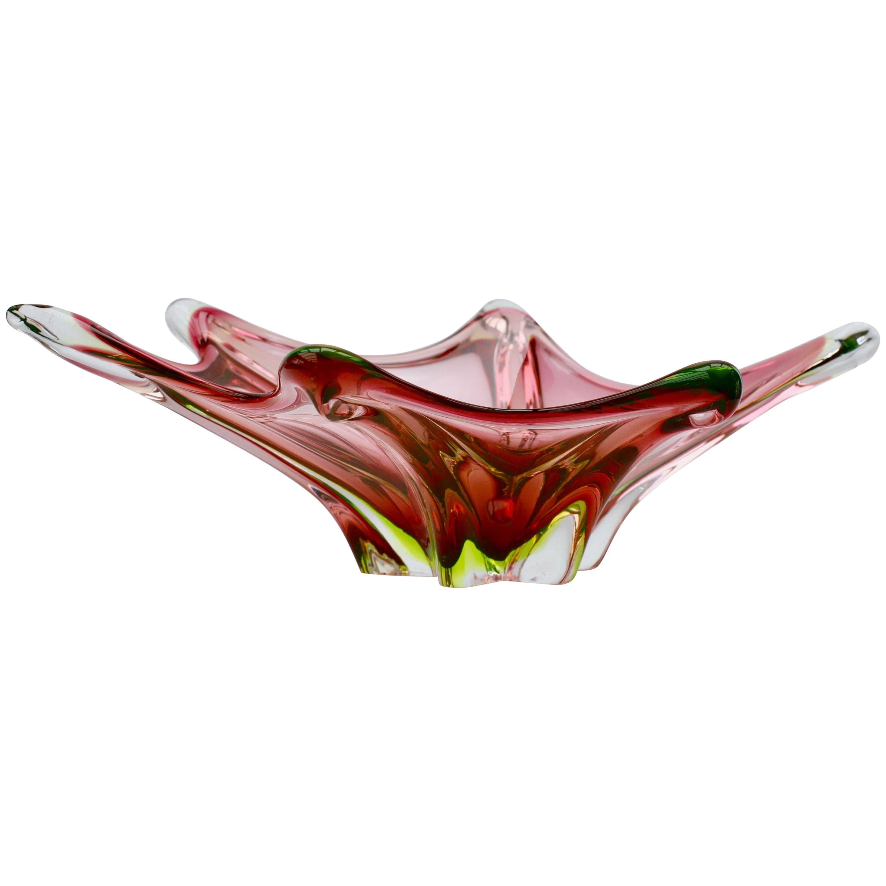 Vintage Mid-Century 'Webbed' Murano Pink and Green Sommerso Glass Bowl c. 1950s
