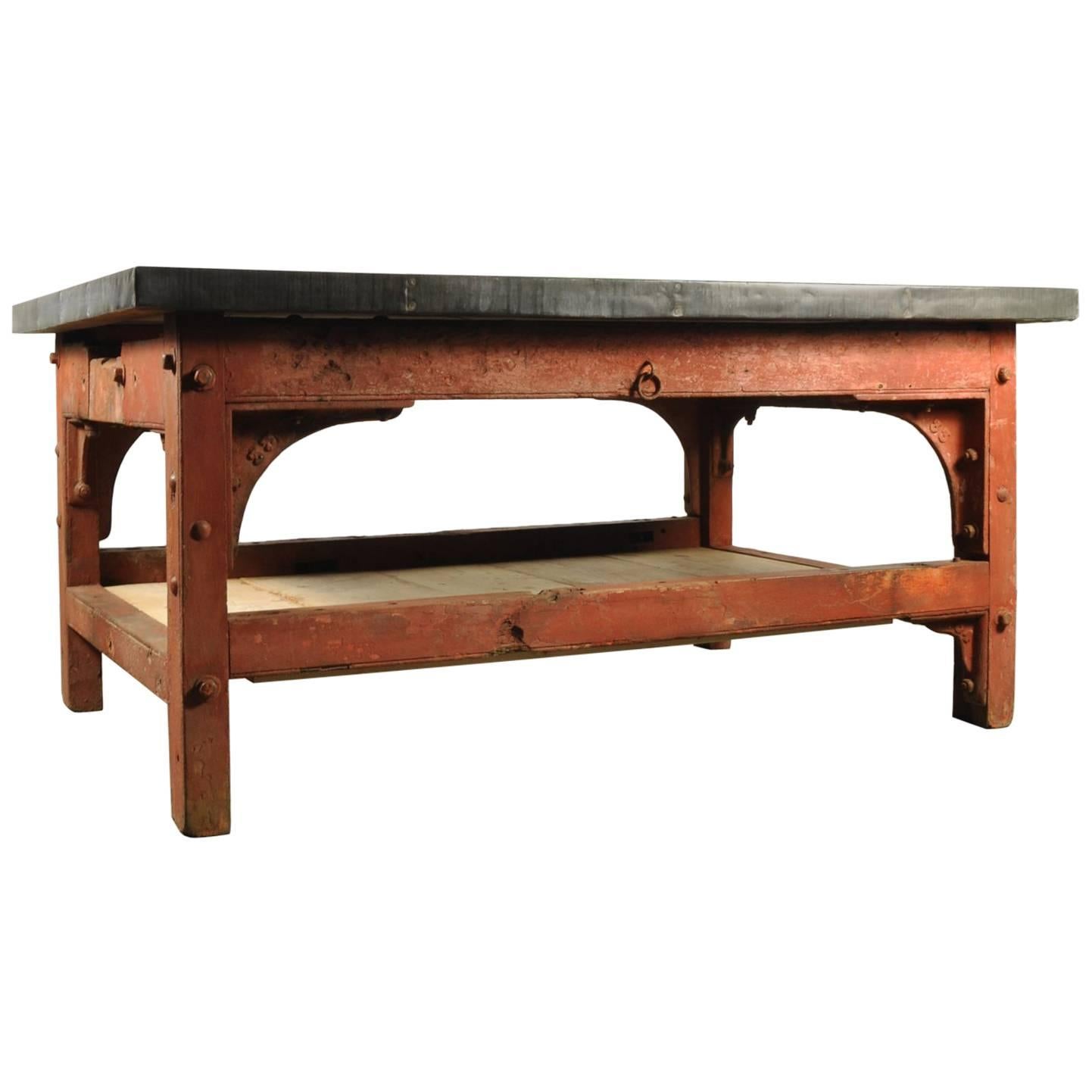 Industrial 'Saw Mill' Red Table Base with New Zinc Top, circa 1910 For Sale