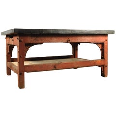 Used Industrial 'Saw Mill' Red Table Base with New Zinc Top, circa 1910