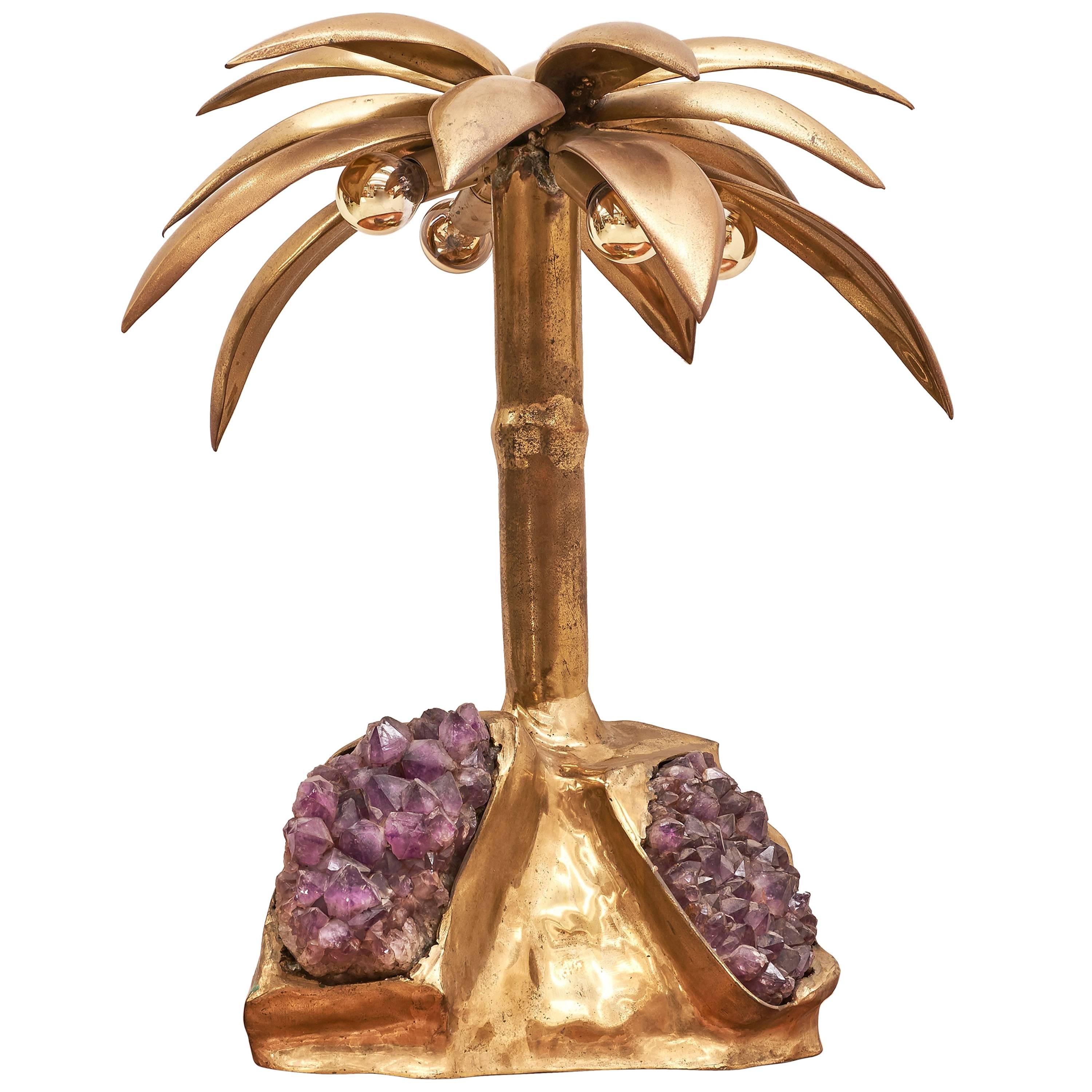 Palm Brass and Amethyst Table Lamp by Christian Techoueyres for Maison Jansen