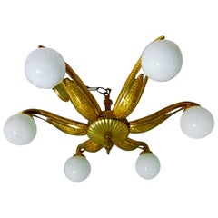 Art Deco French Bronze Chandelier with Six Opalines Lights