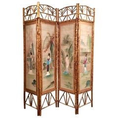 1970s Bamboo and Rattan Chamber Screen Decorated with Japanese Depictions