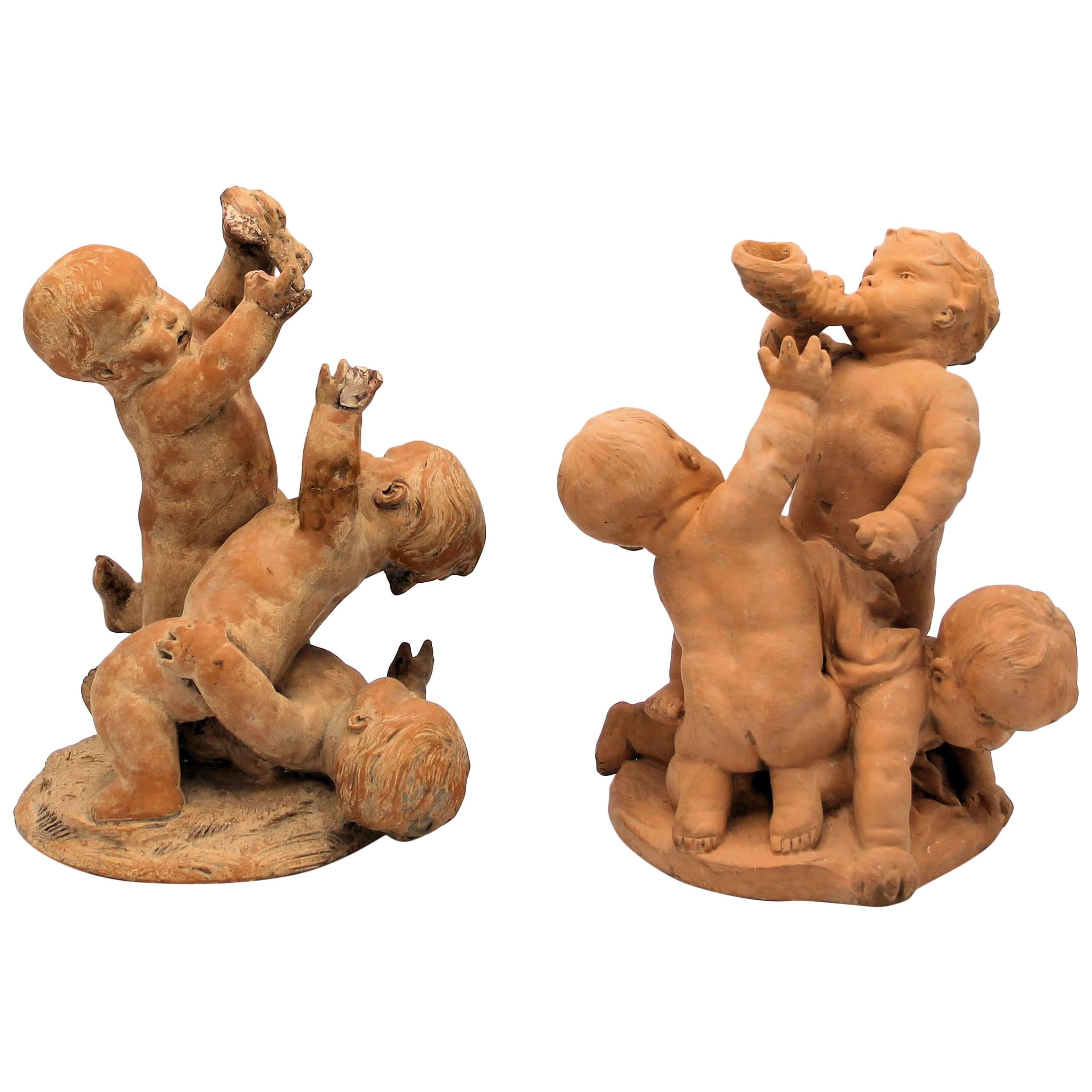 Edme Samson, Pair of Terracotta Sculptures of Playing Putti For Sale