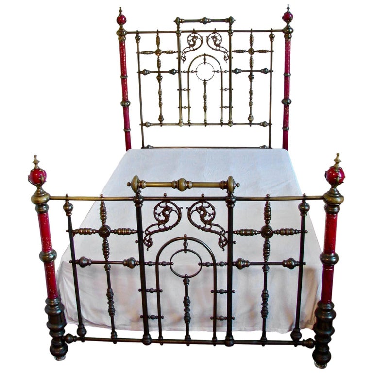 Spectacular Ruby Red Painted Porcelain and Brass Victorian Bed For Sale