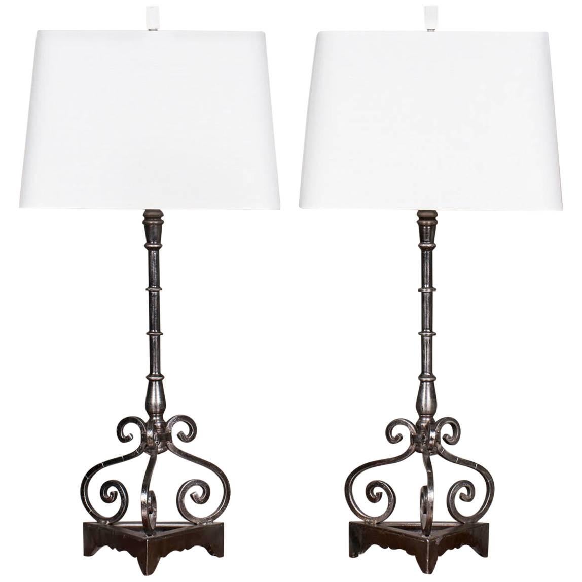 Pair of Modern Steel Iron Lamps Found in France
