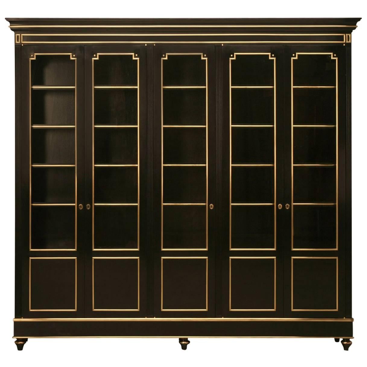 French Louis XVI Style Bookcase/China Cabinet, Ebonized Mahogany with Brass Trim