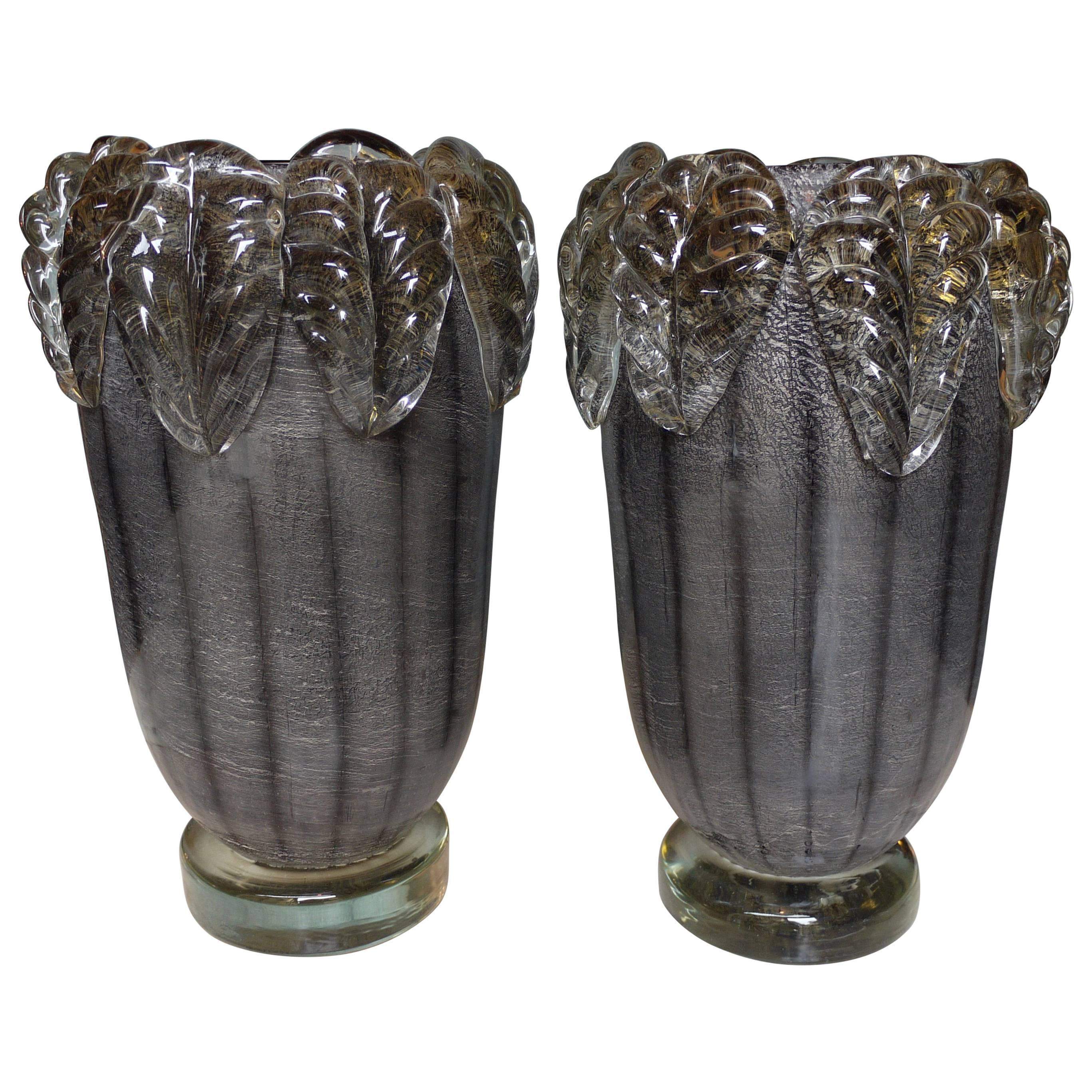 Late 20th Century Pair of Silver Murano Glass Vases Signed by Costantini