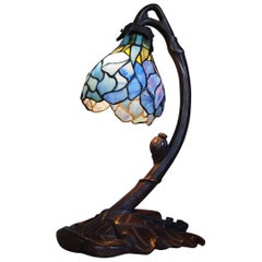 Retro Large Bronzed Metal Tiffany & Art Nouveau Style Poppy Flower Table or Desk Lamp