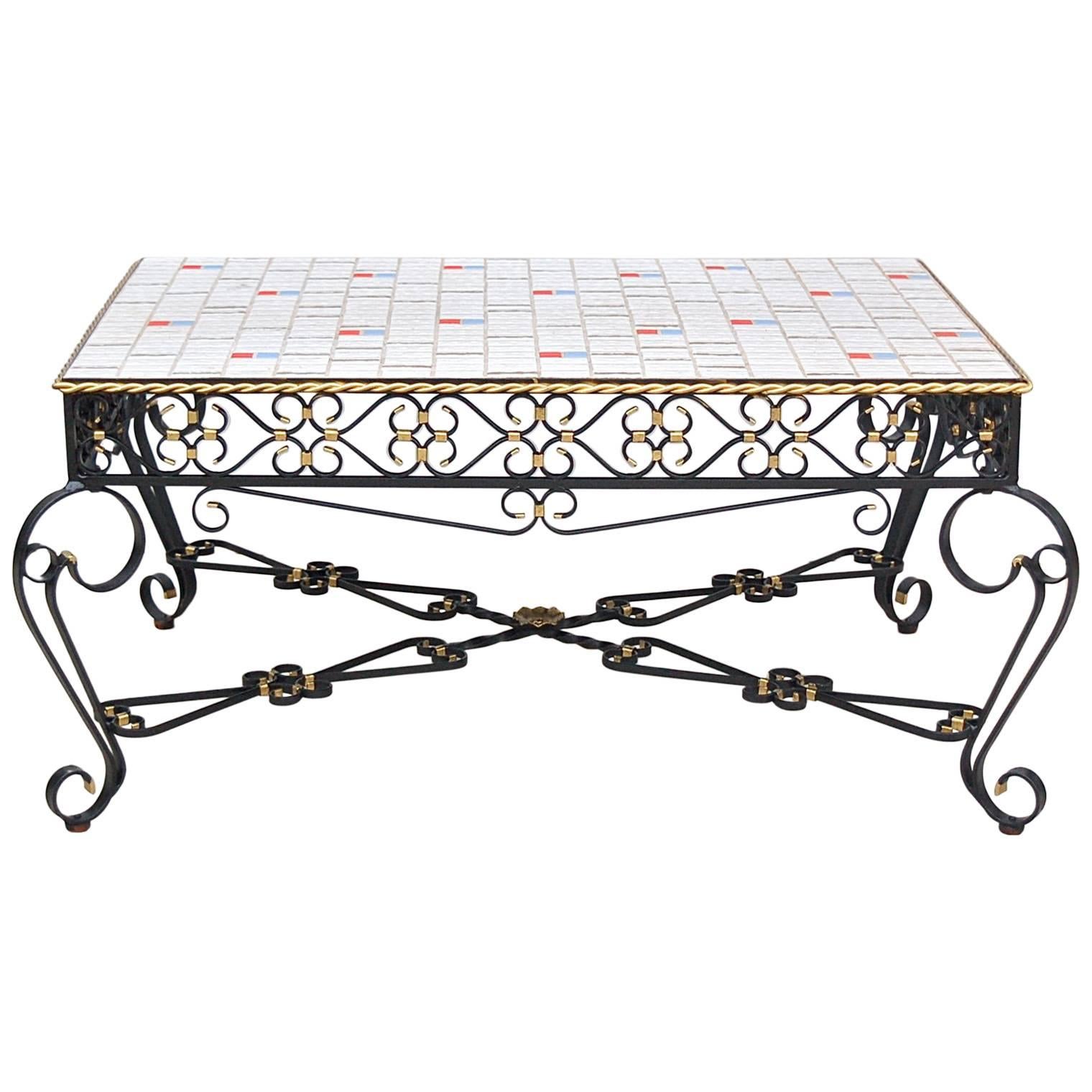 Wrought Metal Coffee Table with Mosaic Tiled Top, 1970s, France For Sale