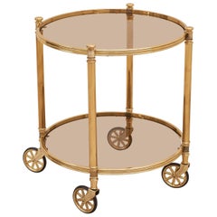 Two-Tier Circular Brass Bar Cart with Smoked Glasses, Italy, 1970s