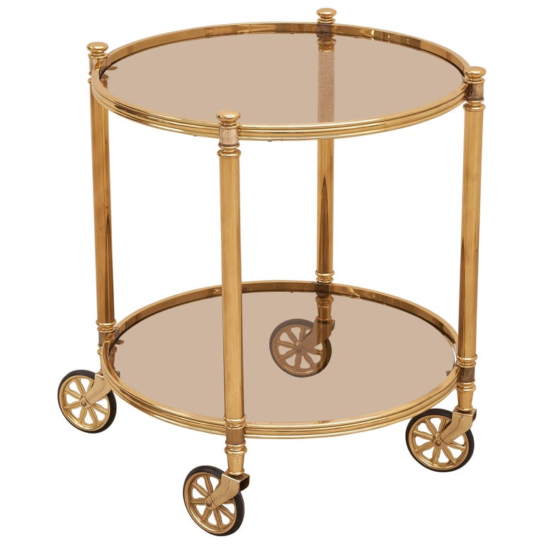TwoTier Circular Brass Bar Cart with Smoked Glasses, Italy, 1970s For