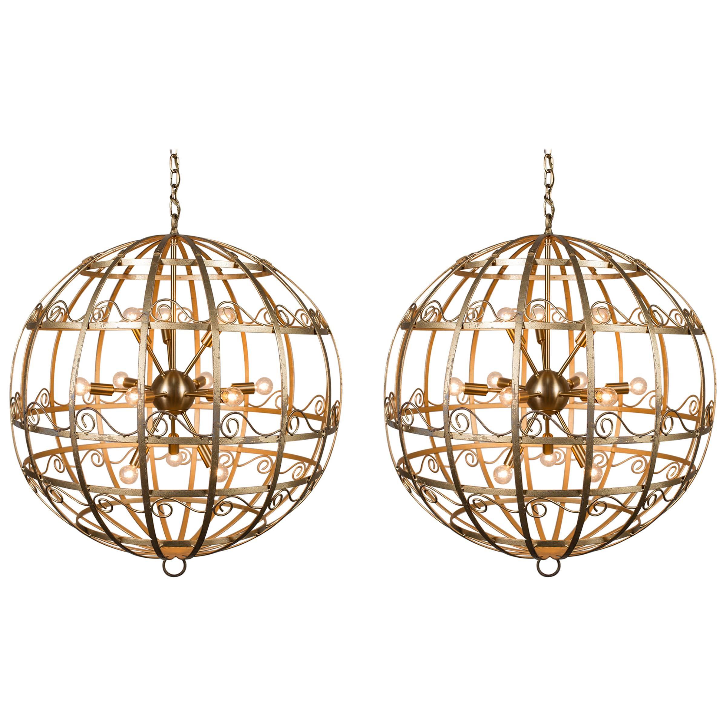 Pair of Vintage French Gold Metal Fixtures with Sputnik Lights, circa 1950