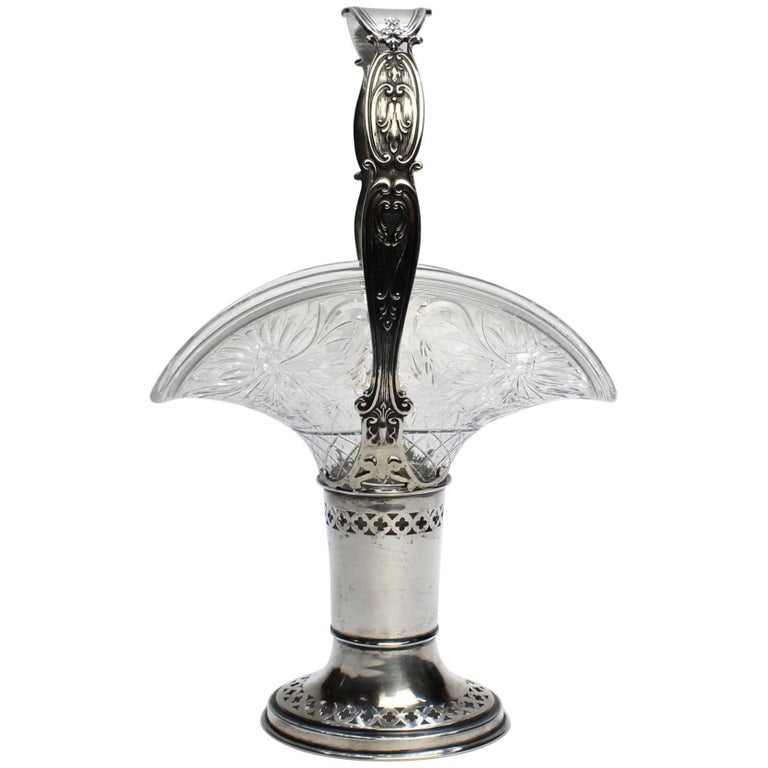 Antique Gorham Sterling Silver and CutGlass Handled Basket For Sale at