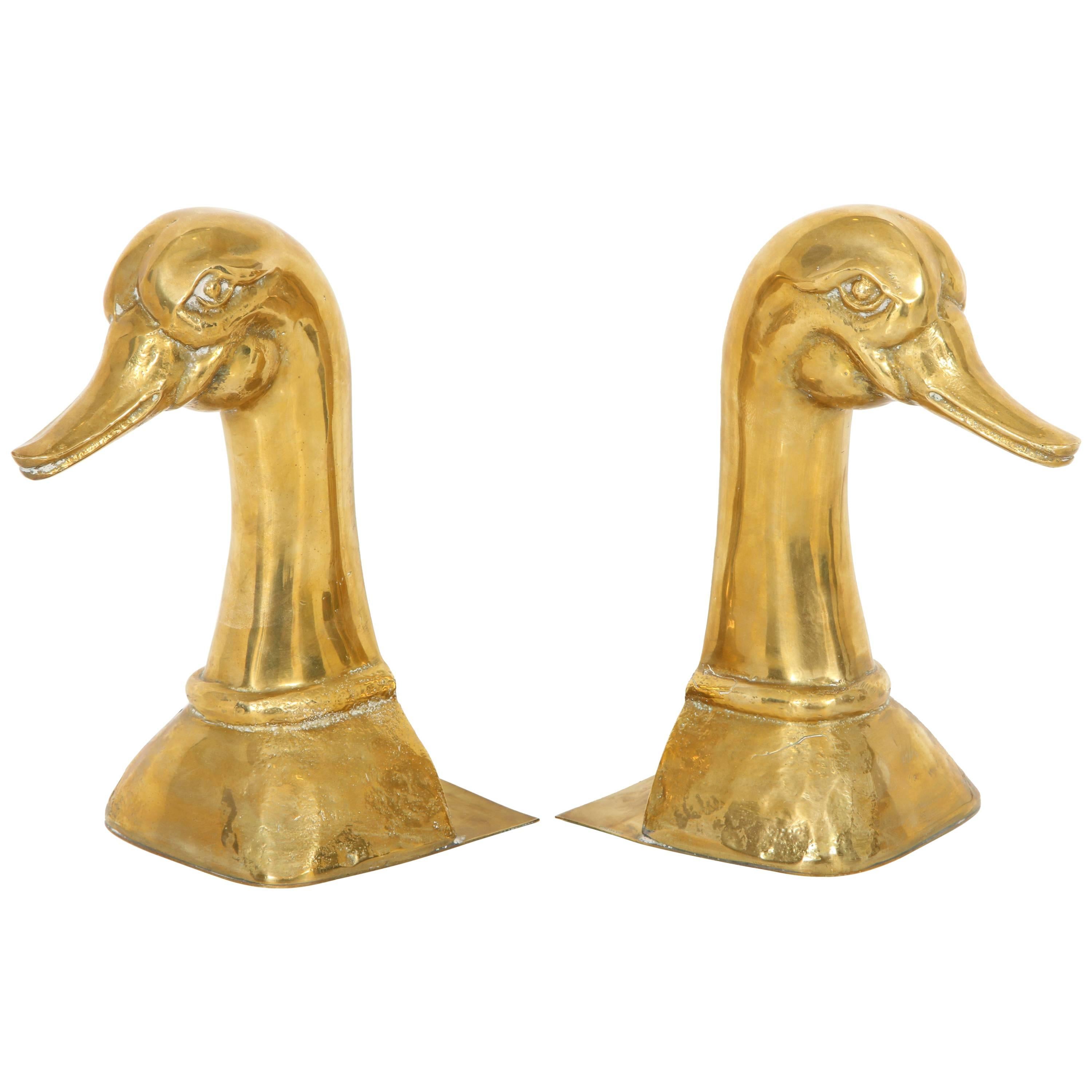Pair of Polished Brass Duck Bookends by Sarried