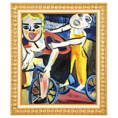 Painting from the 1940s, Red, Blue and Yellow Color, New Frame, Mid-Century Art