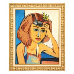 Painting from the 1940s, Mid-Century Art, Golden, Blue, Chocolate & White Colors