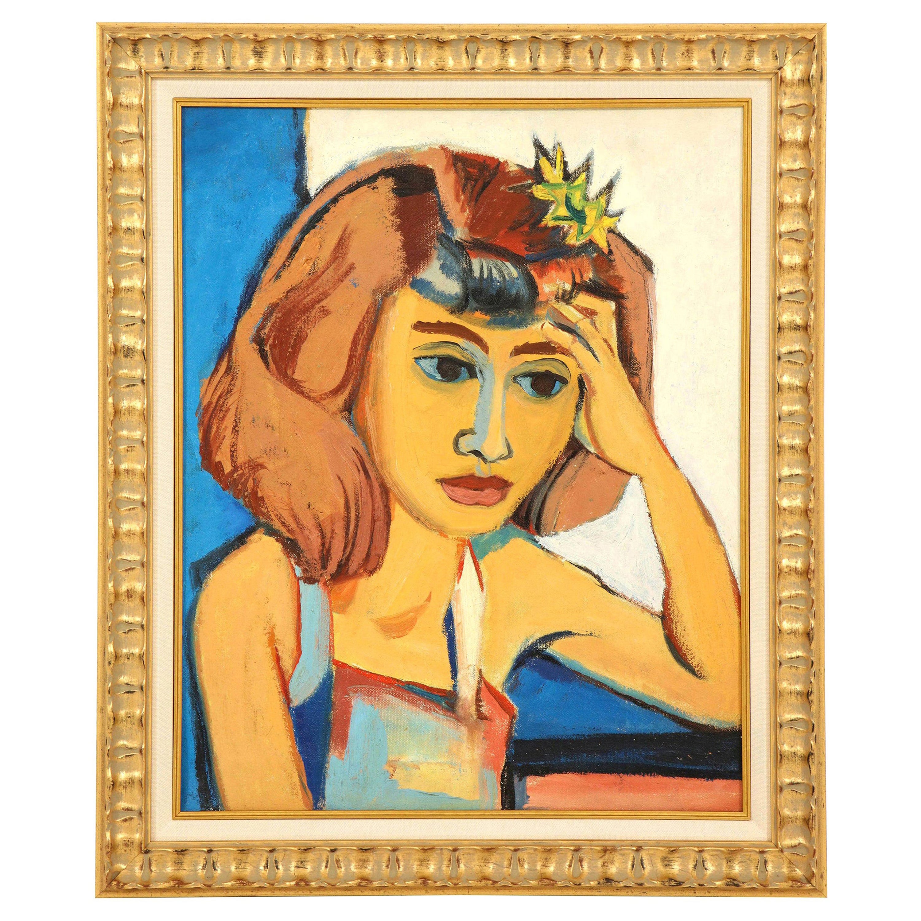 Peinture des années 1940, Art du milieu du siècle, Couleurs dorées, bleues, chocolatées et blanches en vente