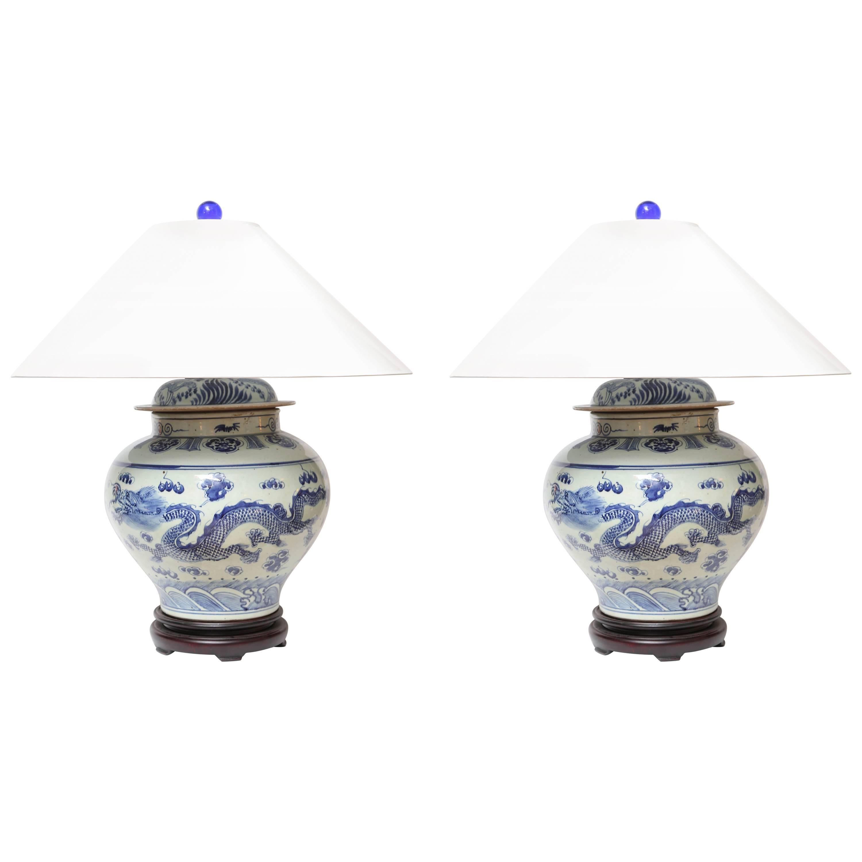Superb 1940s Dragons Table Lamps with White Shades