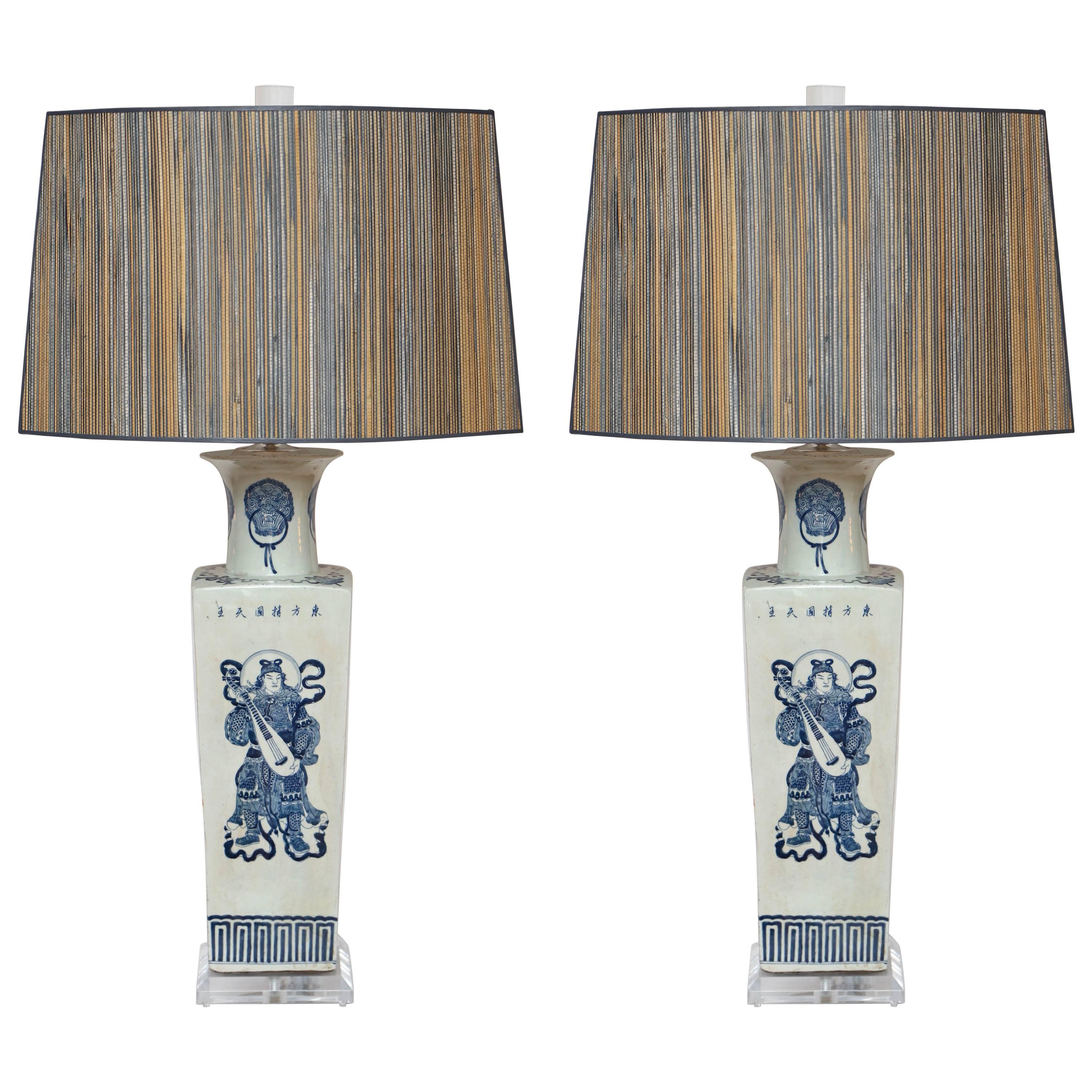 Superb Pair of Warriors Chinese Table Lamps