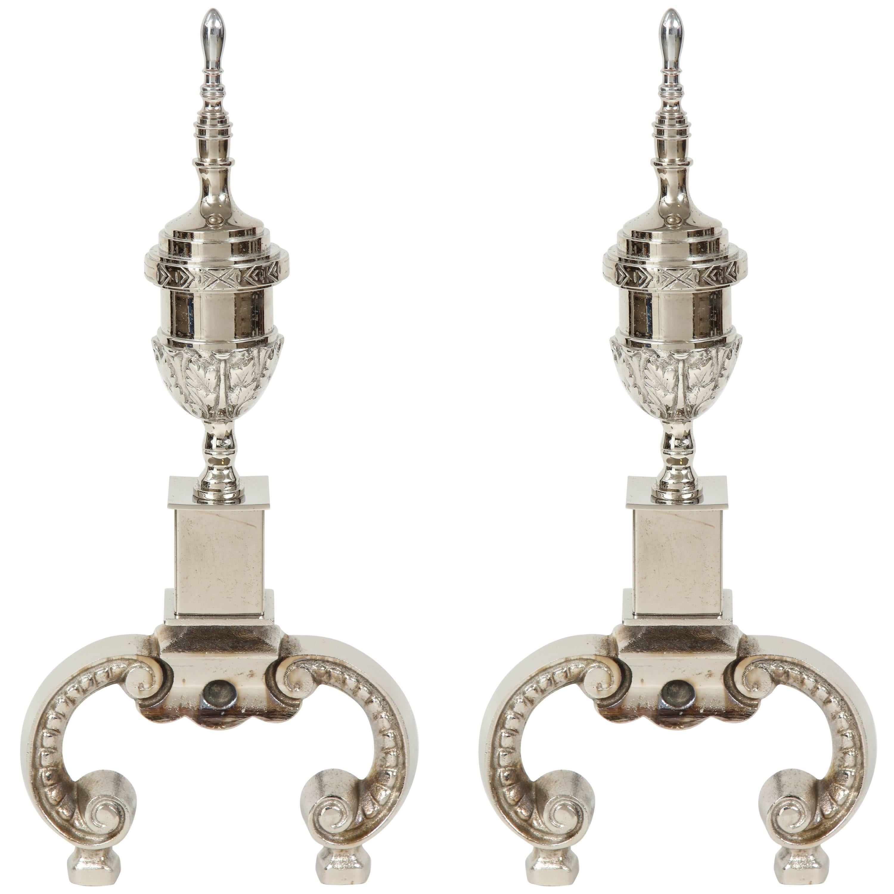 Art Deco Polished Nickel Andirons