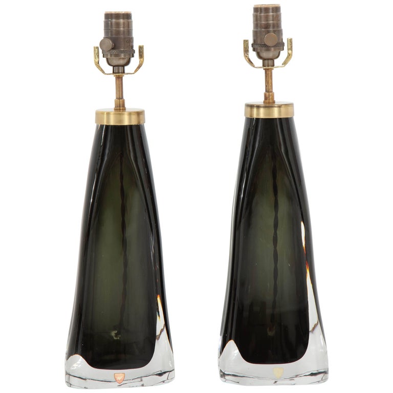 Pair of Black Orrefors Crystal Lamps For Sale at 1stDibs