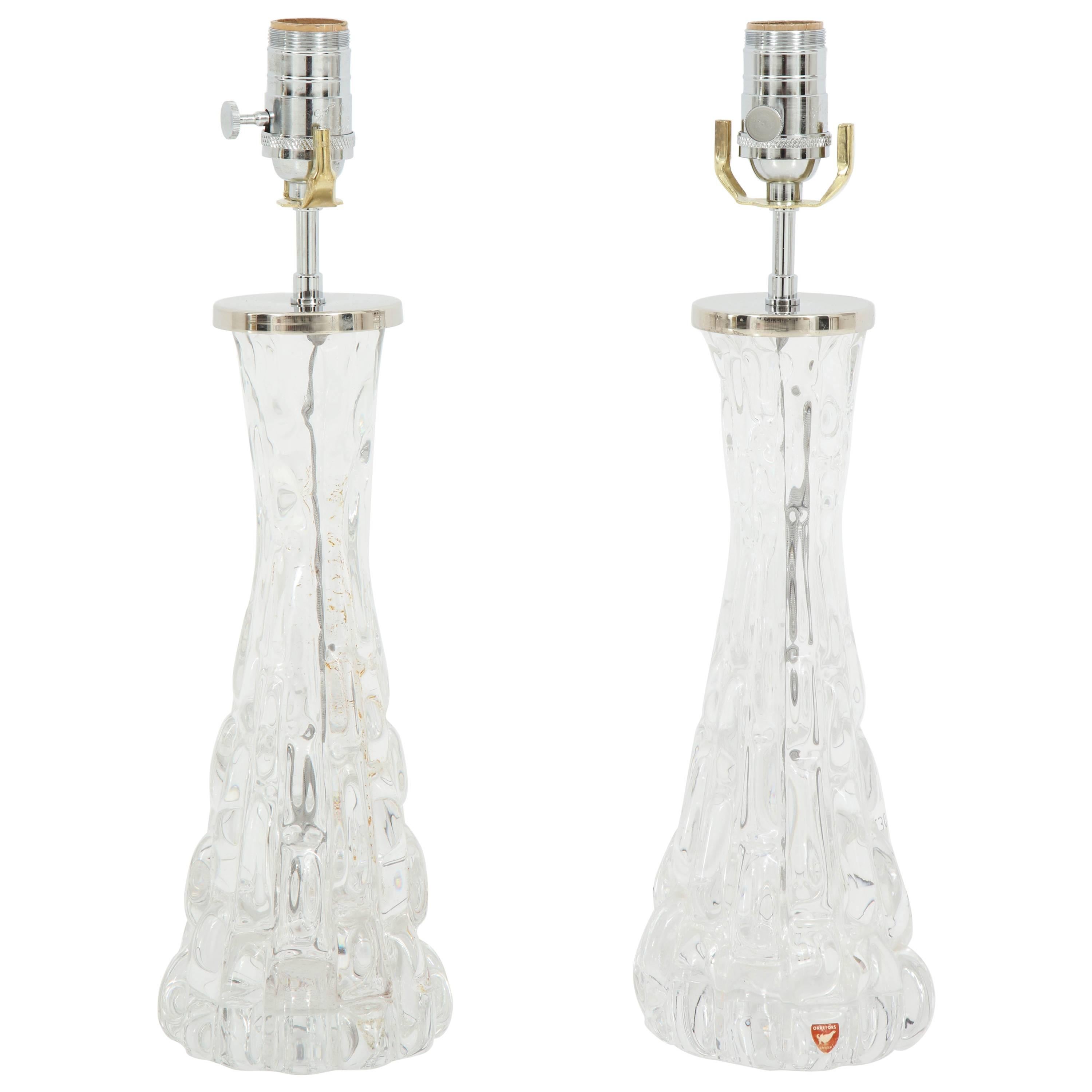 Pair of Orrefors Crystal Lamps For Sale