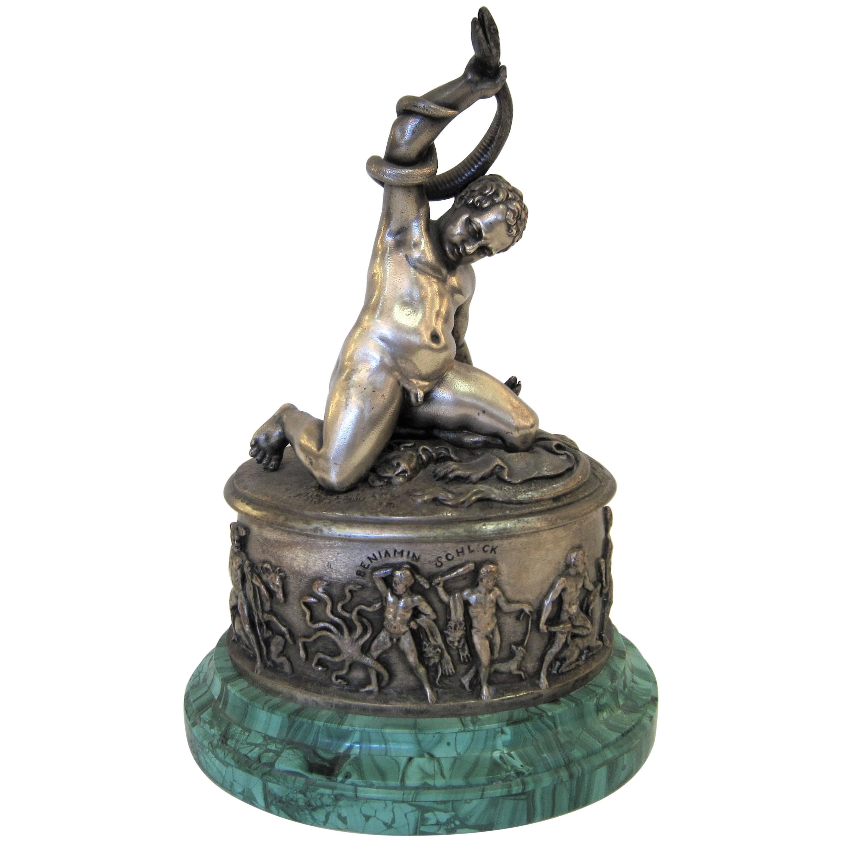  Small Sculpture of a Nude Boy on Malachite Base, Benjamin Schlick Mid-19th Cent For Sale