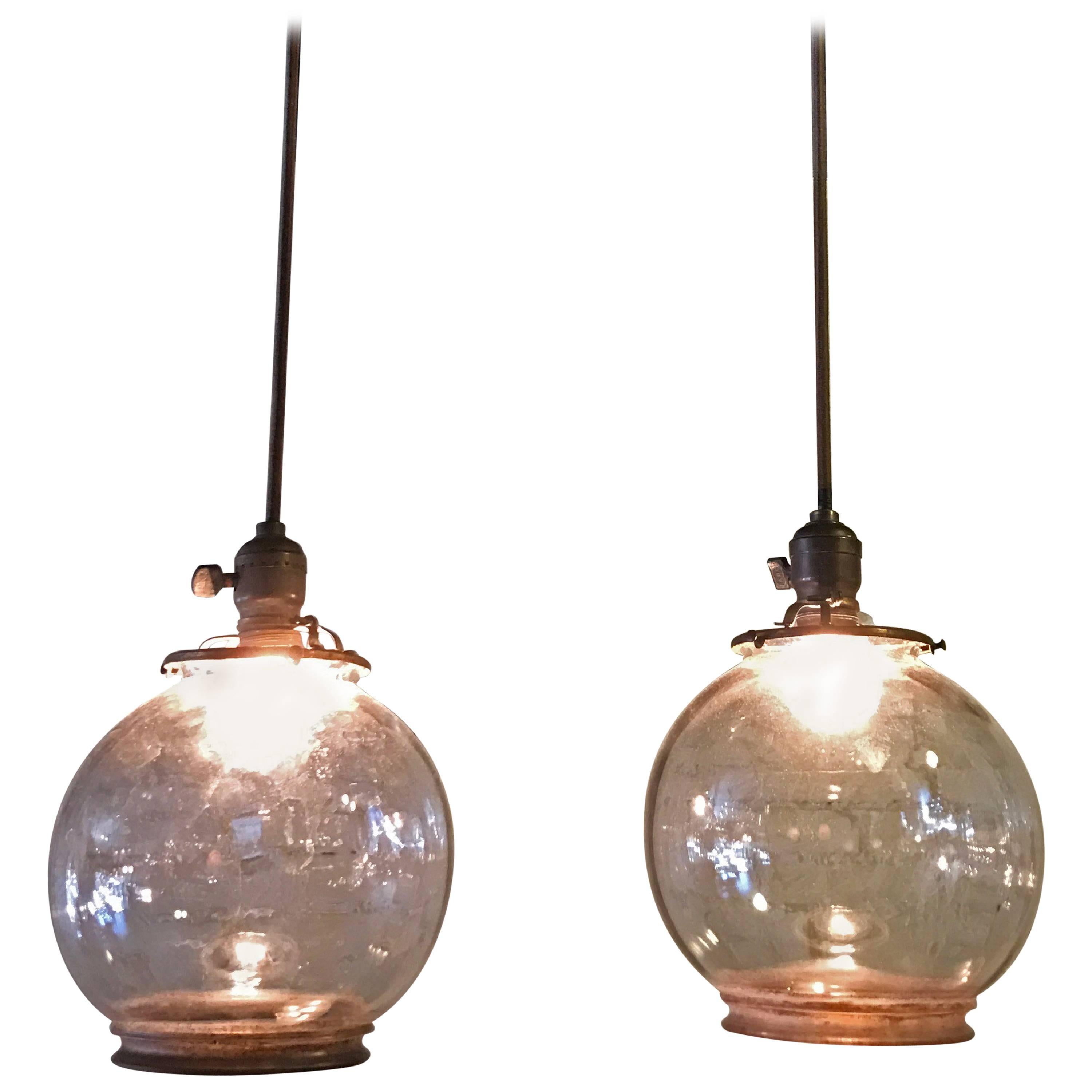 Pair of Open Clear Glass Globe Pendant Lights